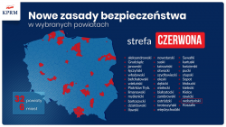 Mapa Polski z wyszczególnionymi obszarami powiatów na których obowiązywać będzie od 10 października 2020 roku strefa czerwona. Wśród powiatów - powiat wolsztyński.