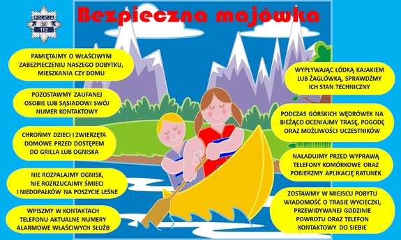 Plakat akcji w kolorach niebieskim i żółtym przedstawiający porady dotyczące bezpieczeństwa podczas majówki. W centralnej części szczyty górskie oraz dwoje dzieci w kajaku Porady wpisane są w ramki z tłem koloru żółtego.