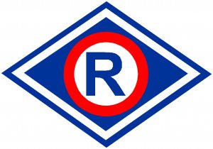 Znak-logotyp służby ruchu drogowego w postaci rombu z wpisanym wewnątrz okręgiem i wielką literą R.